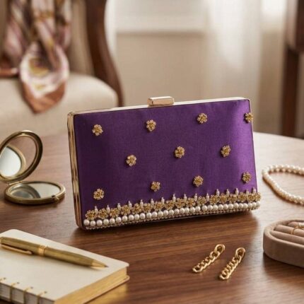 Purple Clutch With white pearls Golden Embroidery-Cl-228