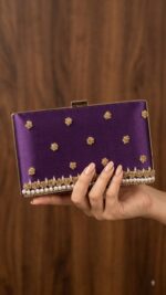 Purple Clutch With white pearls Golden Embroidery-Cl-228