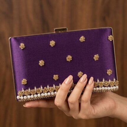 Purple Clutch With white pearls Golden Embroidery-Cl-228