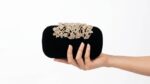 Black Velvet Clutch With Golden Flower Buckle