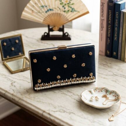 Black Clutch With white pearls Golden Embroidery-Cl-231