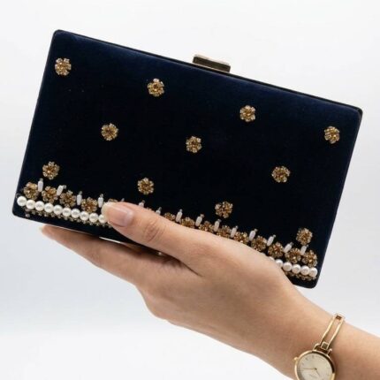 Black Clutch With white pearls Golden Embroidery-Cl-231