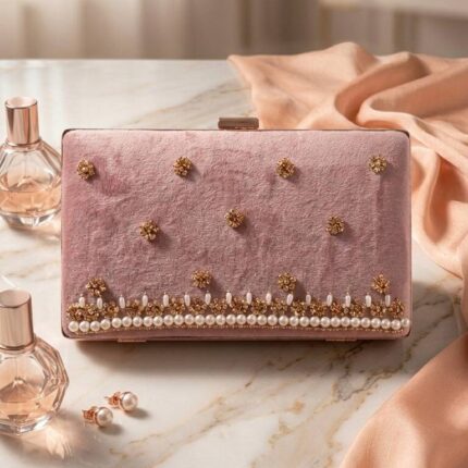 Light Pink Clutch With white pearls Golden Embroidery-Cl-231