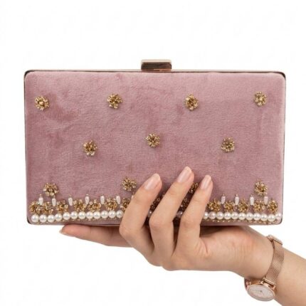 Light Pink Clutch With white pearls Golden Embroidery-Cl-231