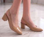 Beige Patent Block Heels Pumps For Women