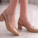 Beige Patent Block Heels Pumps For Women