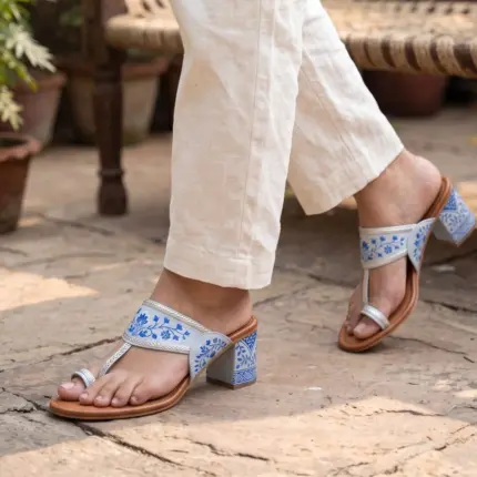 Blue Bloom Hand Painted Block Heels Kolhapuri For Women