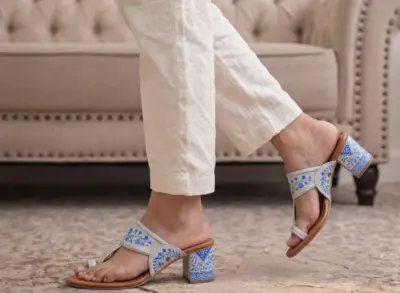 Blue Bloom Hand Painted Block Heels Kolhapuri For Women