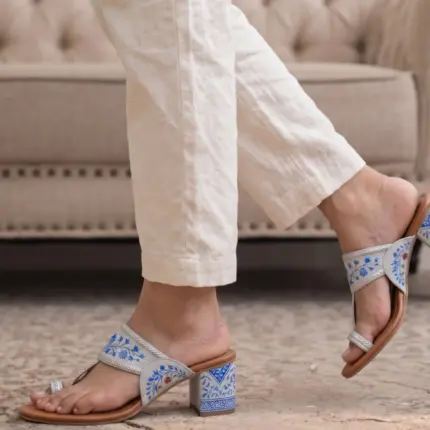 Blue Bloom Hand Painted Block Heels Kolhapuri For Women