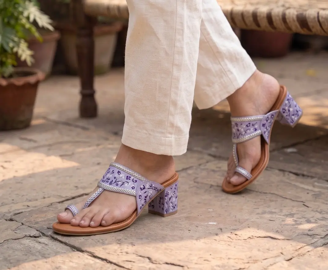 Lilac Blossom Hand Painted Block Heels Kolhapuri For Women- Lilac Blossom Hand Painted Block Heels Kolhapuri For Women
