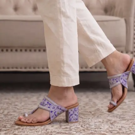 Lilac Blossom Hand Painted Block Heels Kolhapuri For Women