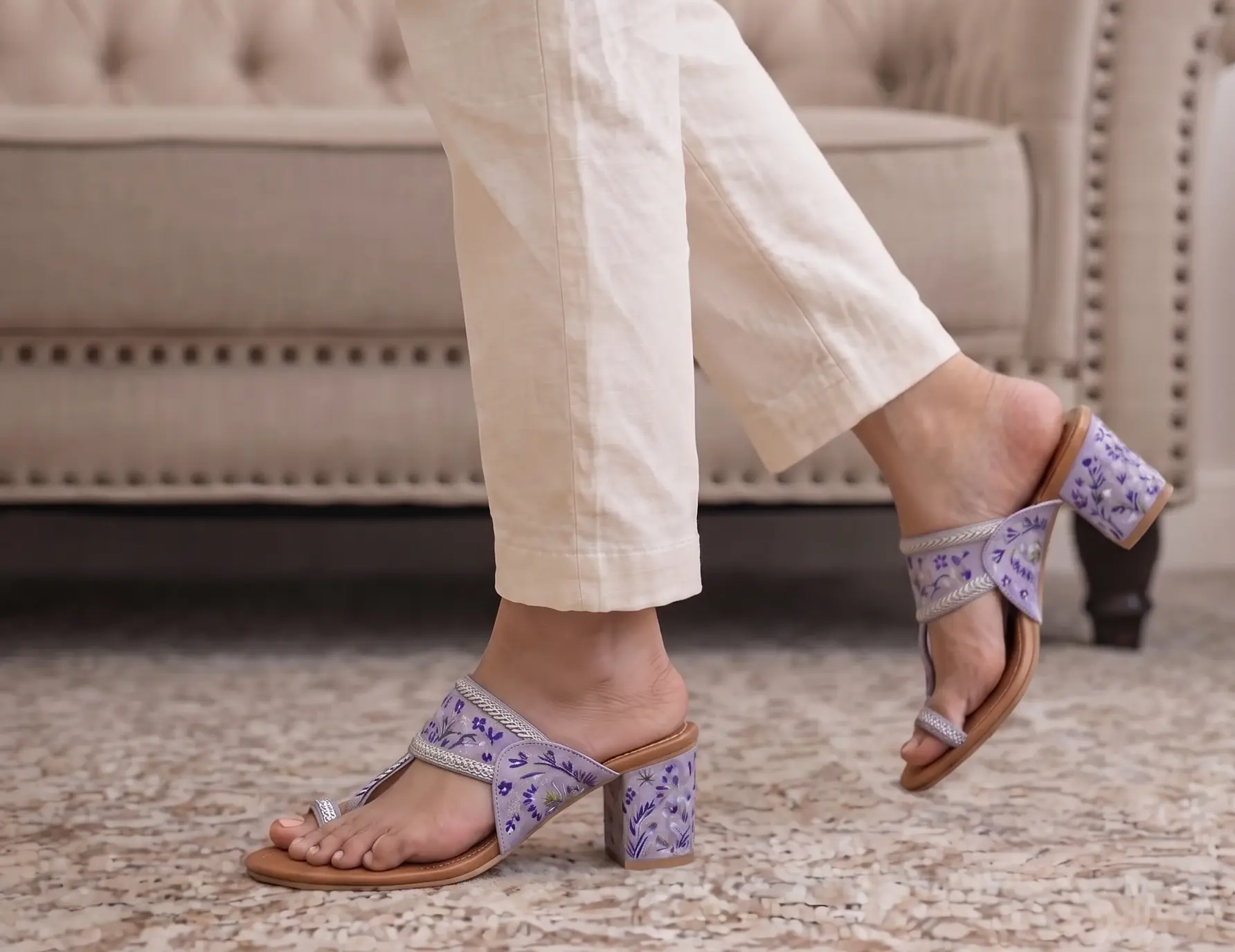 Lilac Blossom Hand Painted Block Heels Kolhapuri For Women by SNF Lilac Blossom Hand Painted Block Heels Kolhapuri For Women
