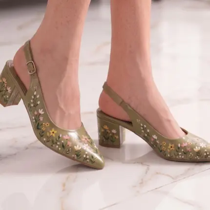 Olive Green Hand Painted Pumps Block Heels For Women