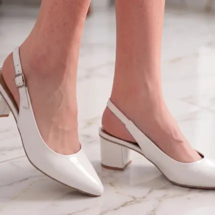 White Patent Block Heels Pumps For Women