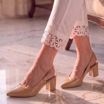 Beige Patent Block Heels Pumps For Women
