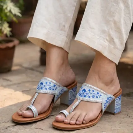 Blue Bloom Hand Painted Block Heels Kolhapuri For Women