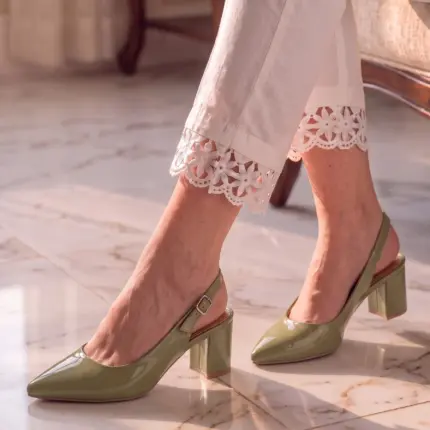 Olive Green Patent Block Heels Pumps For Women