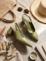 Olive Green Patent Block Heels Pumps For Women